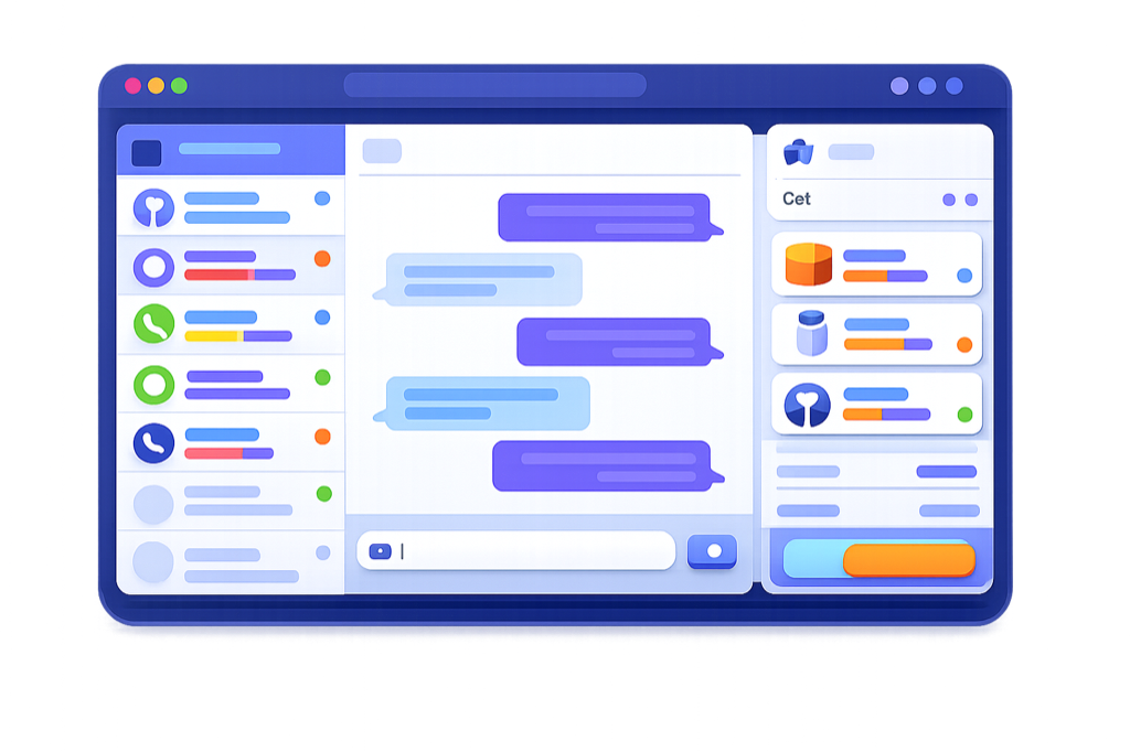 Ảnh hộp thư hợp nhất: tin từ Facebook/Zalo/WhatsApp trong một danh sách, khung tạo đơn bên cạnh.